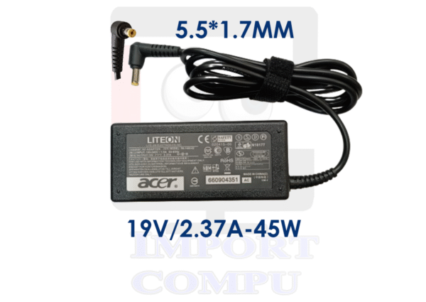CARGADOR ACER 45W DE 19V A 2.37A con conector 5.5mm*1.7mm ( punta amarilla)