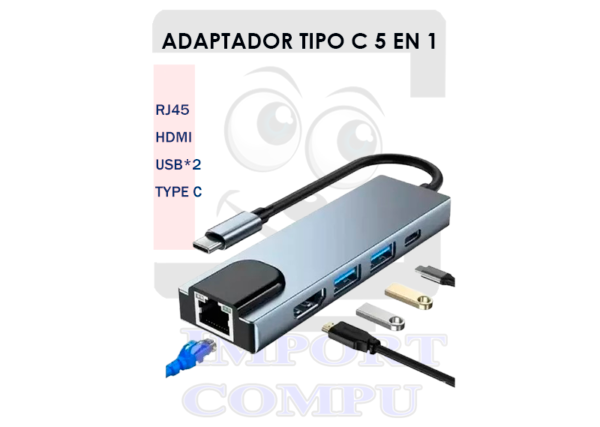 ADAPTADOR-TIPO-C-5-EN-1.png ADAPTADOR HUB 5 EN 1 TIPO C HDMI PUERTO LAND USB MAC Y PC