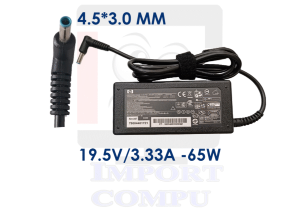 HP-3.33.png CARGADOR HP 65W DE 19.5V A 3.33A con conector 4.5mm*3.0mm (con pin central / Punta azul)