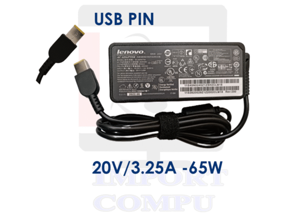 LENOVO-3.25-USB.png CARGADOR LENOVO 65W DE 20V A 3.25A con conector USB (Pin rectangular)