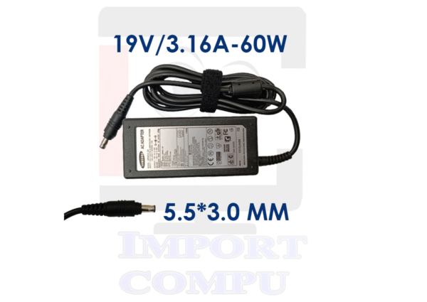 CARGADOR SAMSUNG 60W DE 19 V 3.16A con conector redondo 5.5mm*3.0mm (con pin central)
